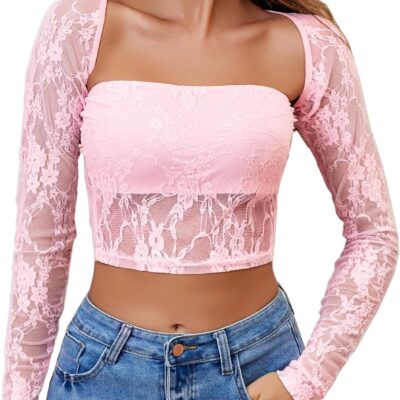 Avidlove Women's Mesh Tops Lace Long Sleeve Going Out Tops Square Neck Crop Top Shirt Strapless Tube Top and Bolero Set