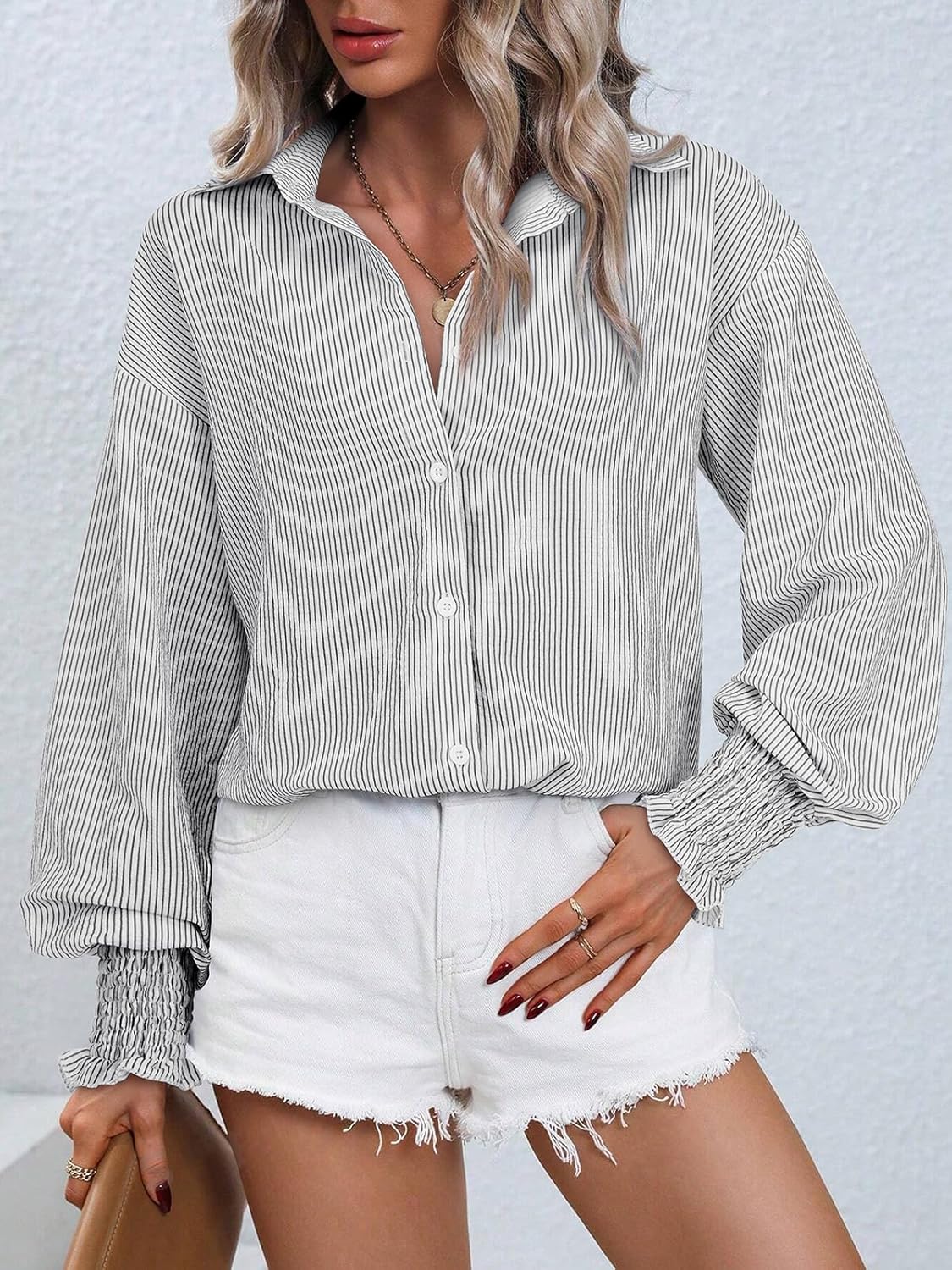 Women's Striped Button Down Shirts Puff Sleeve Oversized Blouses Boyfriends Loose Tunics Business Work Tops - Image 3