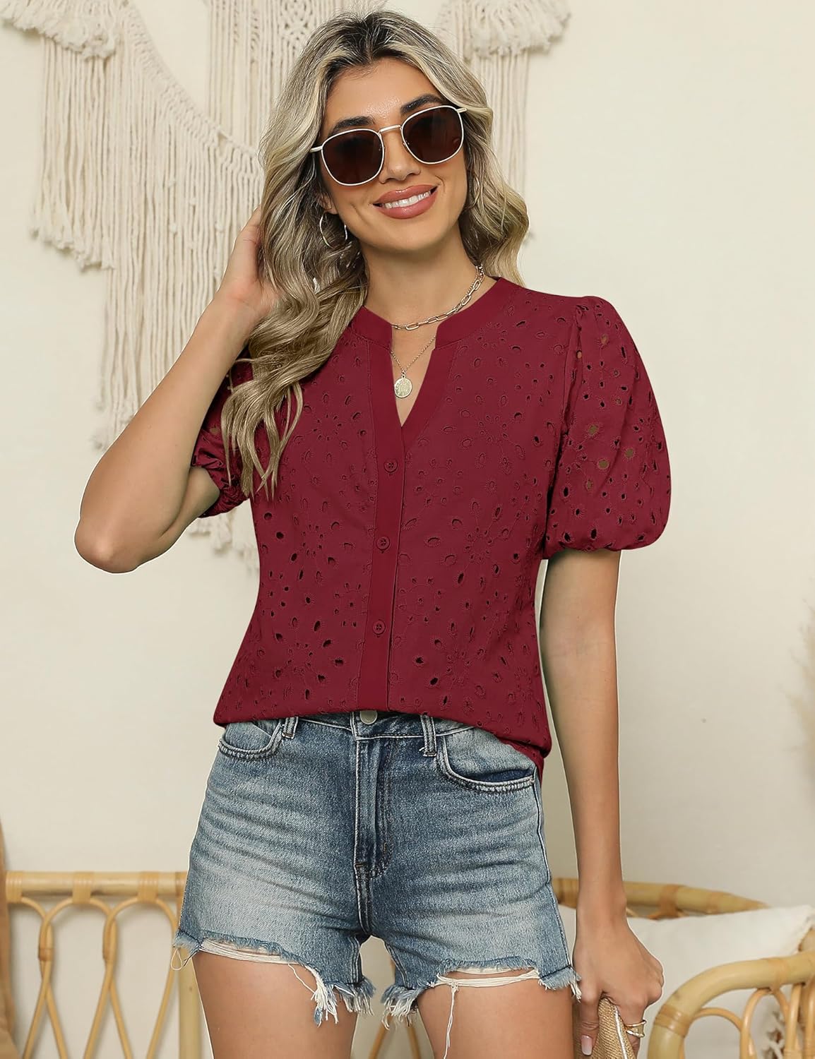 Rapbin Blouses for Women Dressy Casual V Neck Short Sleeve Eyelet Summer Tops Button Down Lace Embroidered Shirts - Image 5