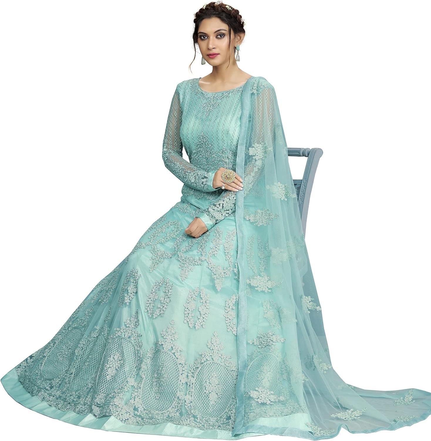 TRENDMALLS Women's Net Embroidery Anarkali Suit Set Indian Pakistani Wedding Special Dress - Image 5
