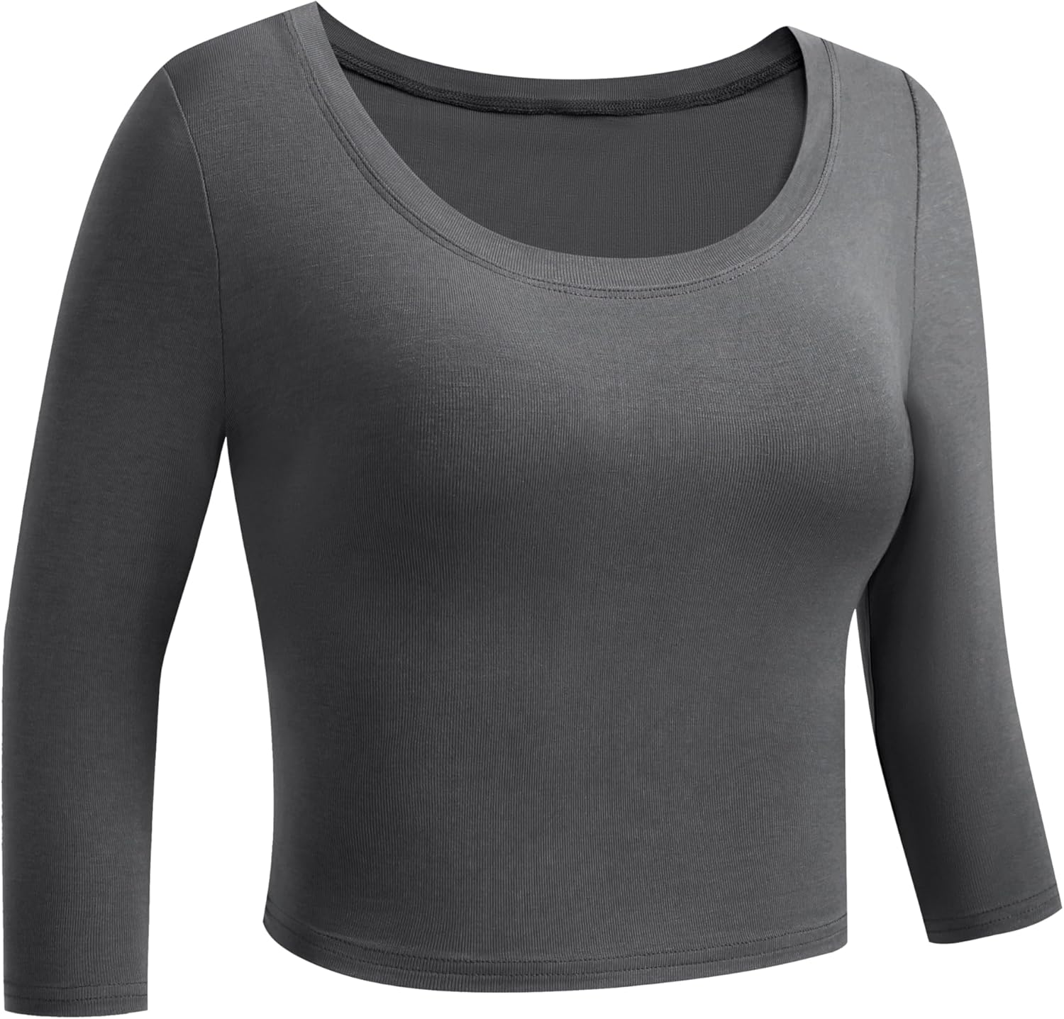 OThread & Co. Women's 3/4 Sleeve Scoop Neck Crop Top Basic Comfy Ribbed Knit Tee - Image 2