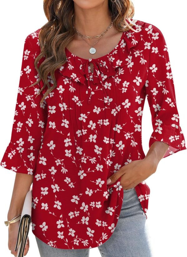 AKEWEI Womens 3/4 Length Sleeve Scoop Neck Tops Summer Tie Front Ruffle Shirts Casual Bell Sleeve Pleated Blouses Outfits