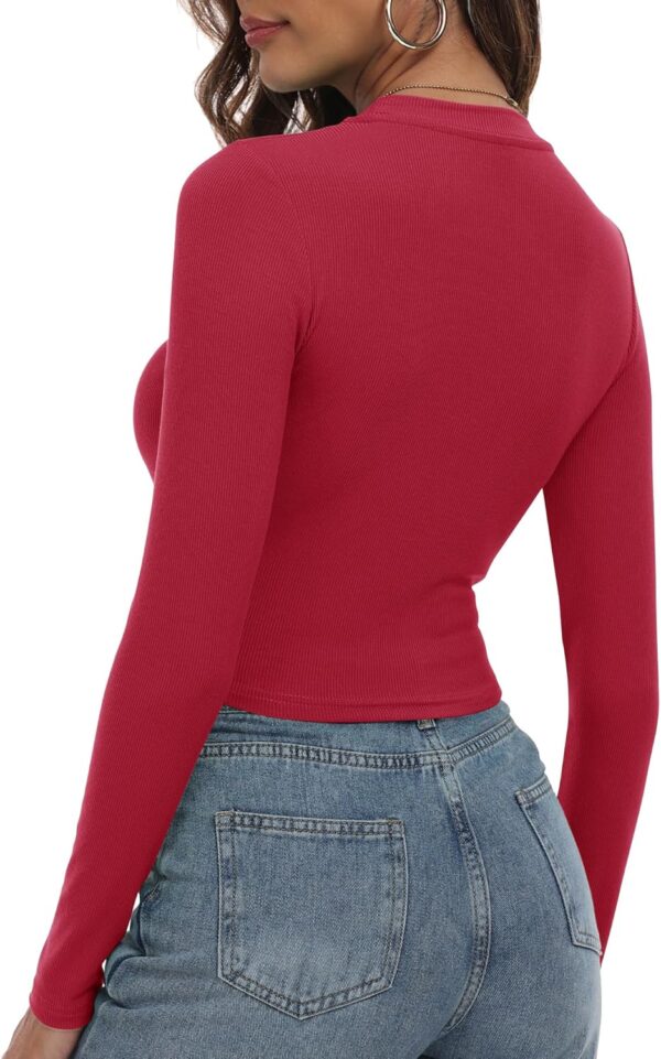 Artfish Women's Round Neck Long Sleeve Knit Ribbed Fitted Crop Top Casual Basic Shirts - Image 2