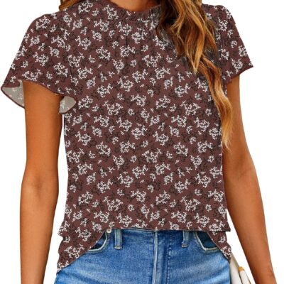 SimpleFun Women Boho Shirts Floral Ruffle Short Sleeve Mock Neck Flowy Casual Summer Blouses Tops