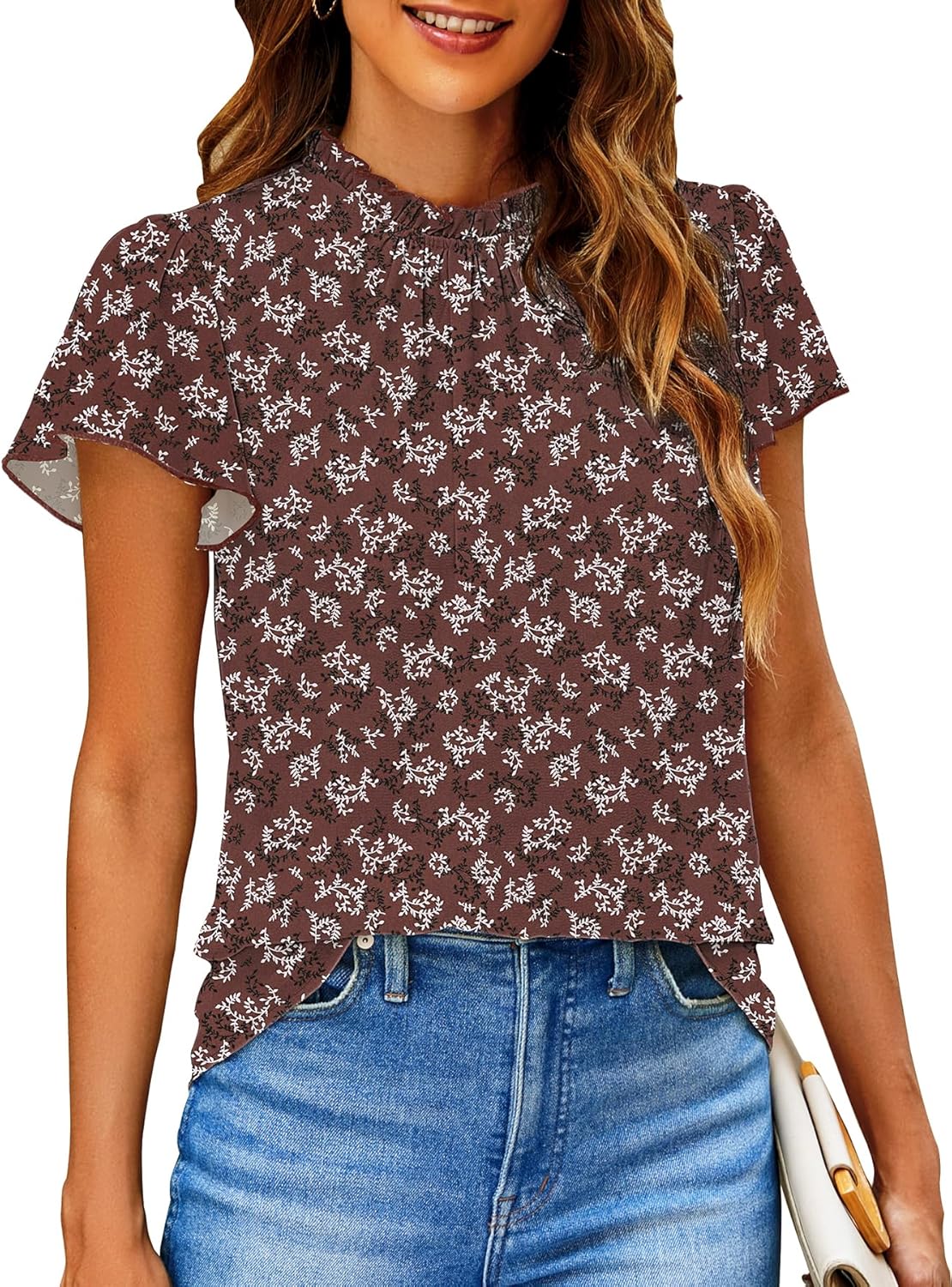 SimpleFun Women Boho Shirts Floral Ruffle Short Sleeve Mock Neck Flowy Casual Summer Blouses Tops