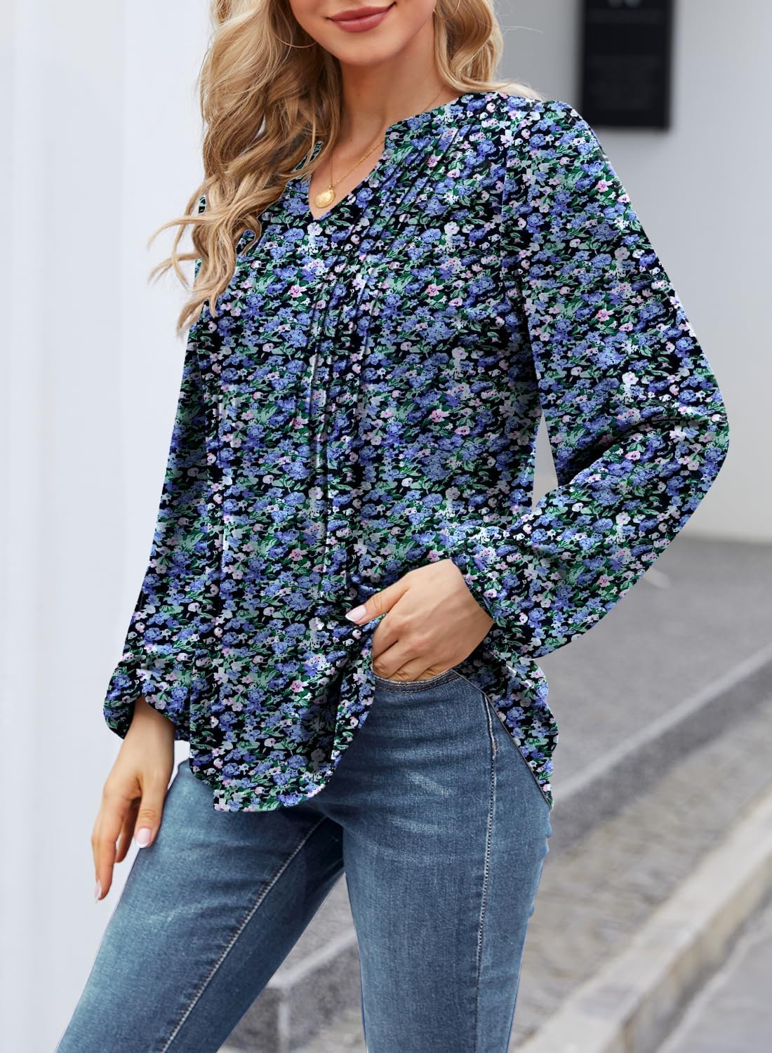 MIHOLL Women's V Neck Puff Long Sleeve T Shirts Pleated Casual Loose Tunic Blouse - Image 4