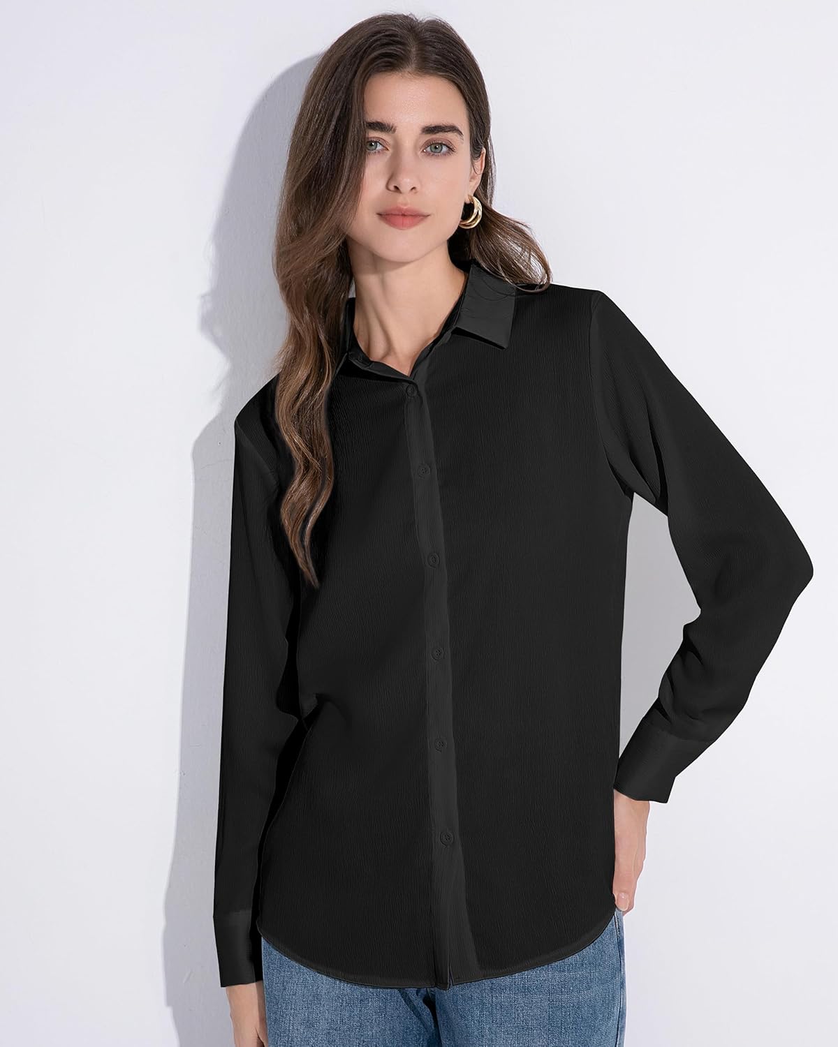 Women's Button Down Shirt Textured Chiffon Blouse Classic Collared Top Casual Work Office Blouse - Image 2