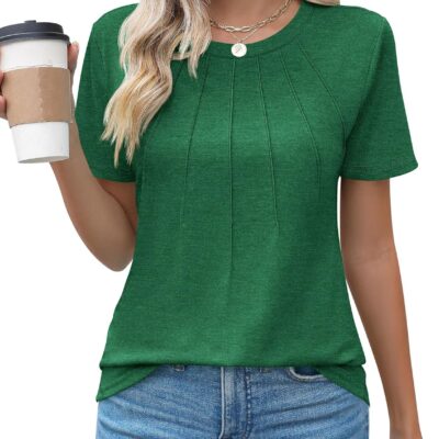 Kistore Womens Casual Crew Neck Short Sleeve Pleated Tops Blouses Fashion Clothes 2025