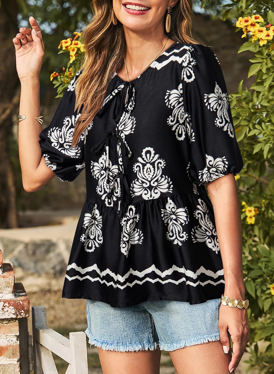 Dokotoo Womens Tops Casual Crewneck Babydoll Peplum Puff Sleeve Shirts Bow Tie Front Boho Summer Blouses - Image 3