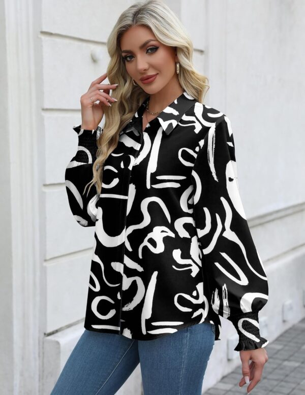Zeagoo Womens Button Down Shirts Smocked Cuffed Blouse Printed Lantern Shirt Long Sleeve Top Collar Business Fashion - Image 2