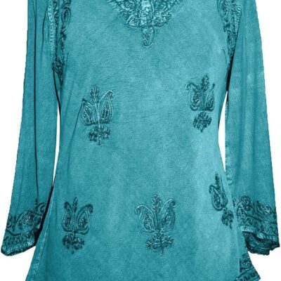 Agan Traders Long Sleeve Diamond Neck Fall Embroidered Tops for Women - Medieval Boho Vintage Tunic Kurta Blouses for Women