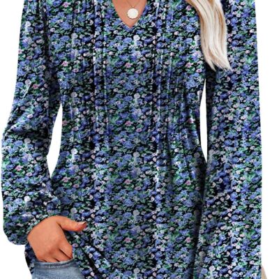 MIHOLL Women's V Neck Puff Long Sleeve T Shirts Pleated Casual Loose Tunic Blouse