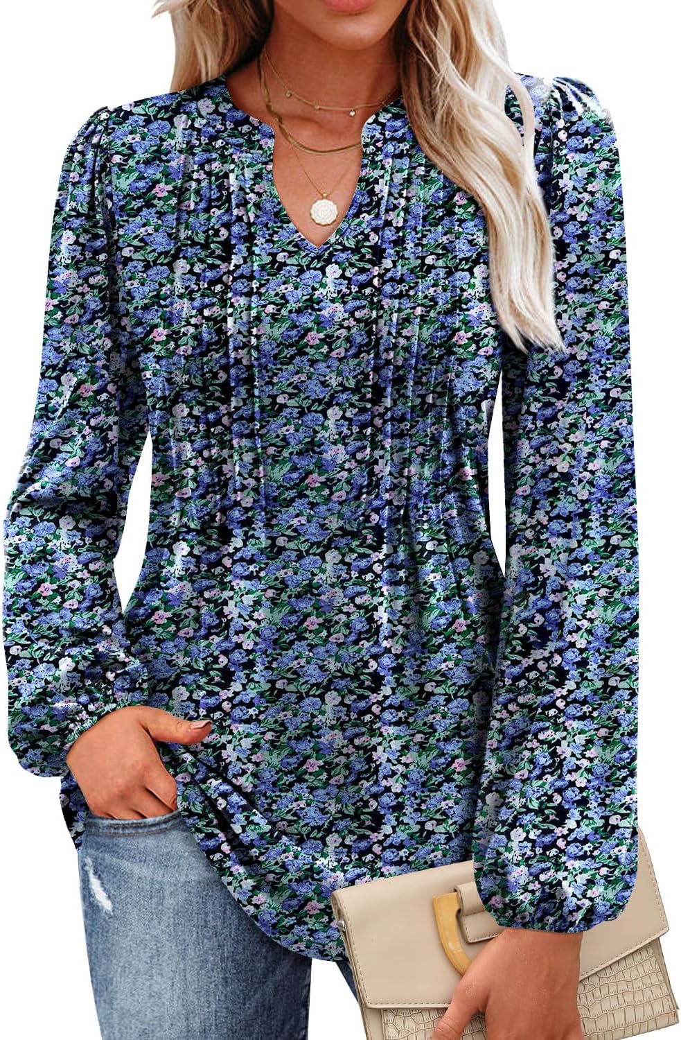 MIHOLL Women's V Neck Puff Long Sleeve T Shirts Pleated Casual Loose Tunic Blouse