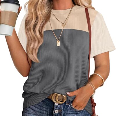 WIHOLL Womens Fashion 2025 Color Block Shirts Short Sleeve Crewneck Knitted Spring Summer Tops Casual Trendy