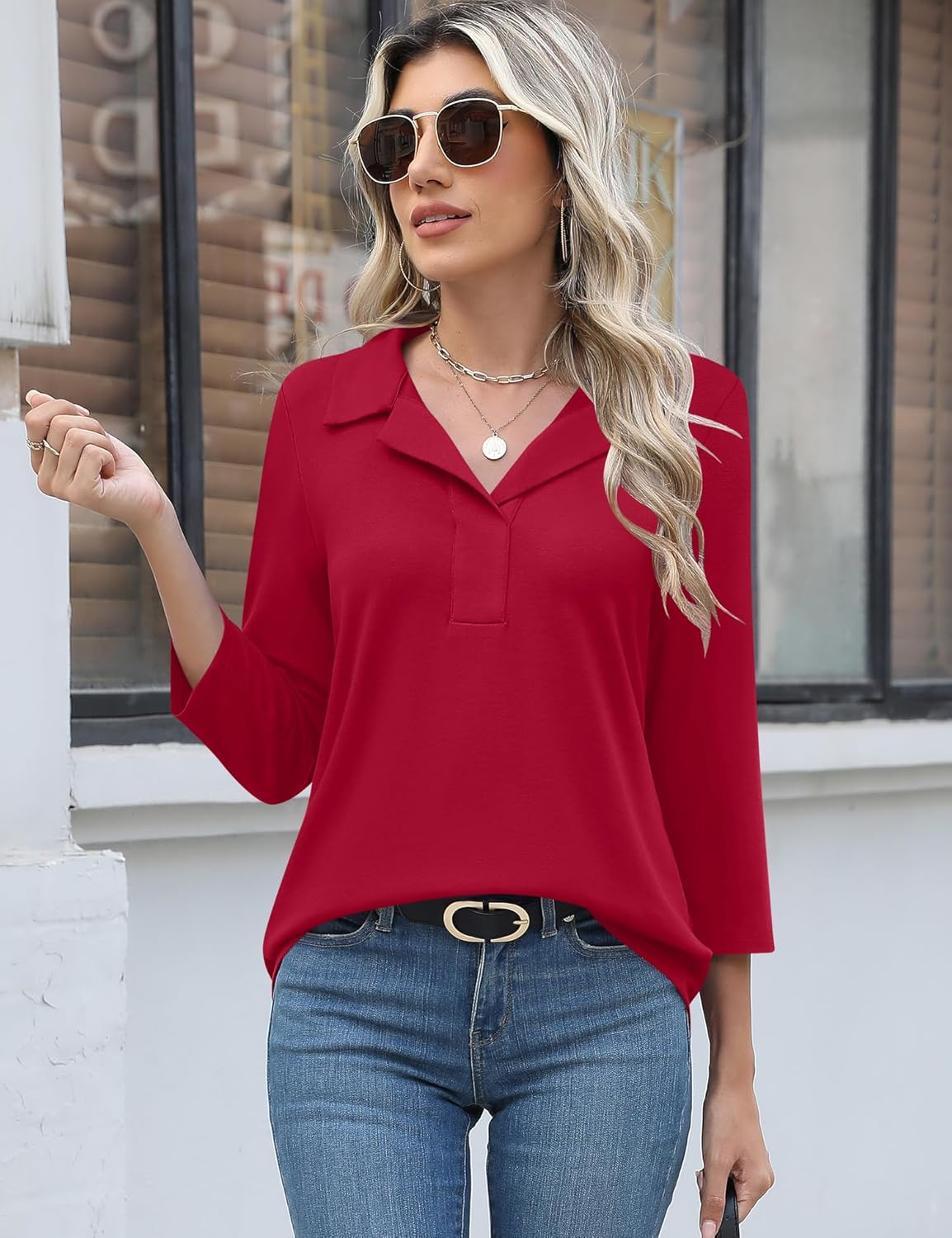 LUYAA Womens Polo Shirts 3/4 Length Sleeve Tops Collar V Neck Business Casual Blouses - Image 2