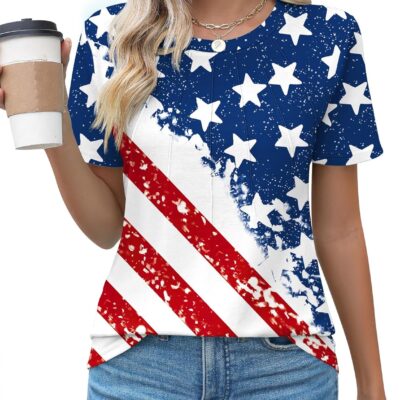 Kistore Womens Casual Crew Neck Short Sleeve Pleated Tops Blouses Fashion Clothes 2025