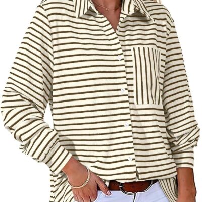 Astylish Women's 2025 Oversized Long Sleeve Shirts Button Up Striped Collared Front Pocket Top