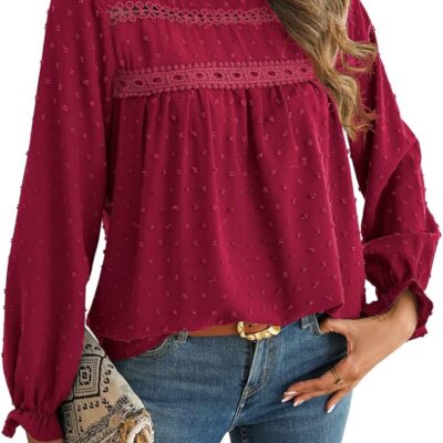 Womens Tops Long Ruffle Sleeve Shirts For Women Cute Crewneck Blouse Dressy Casual Swiss Dot Crochet Hollow Top 2025