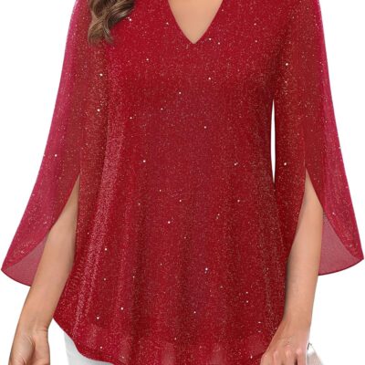 VALOLIA Women's 3/4 Sleeve Floral Tunic Tops V Neck Double Layers Loose Fit Mesh Blouses Shirt