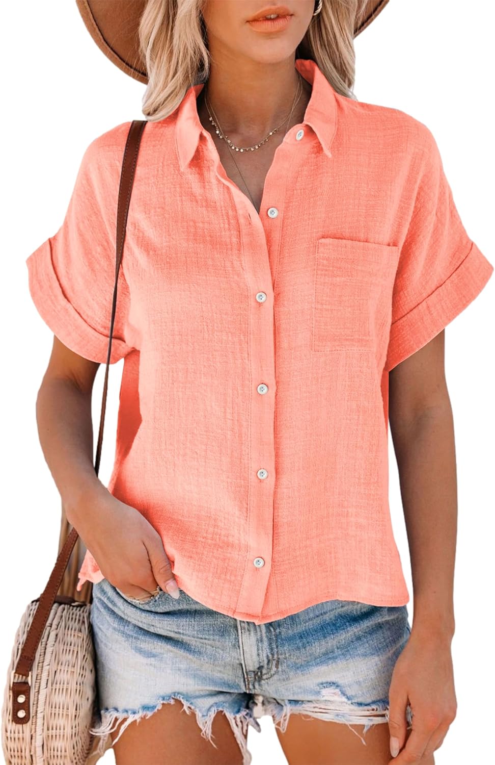 Womens Short Sleeve Cotton Button Down Up Shirt Collared V Neck Tops Shirts Blouses Dress for Women Western Wear