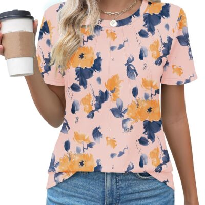 Kistore Womens Casual Crew Neck Short Sleeve Pleated Tops Blouses Fashion Clothes 2025