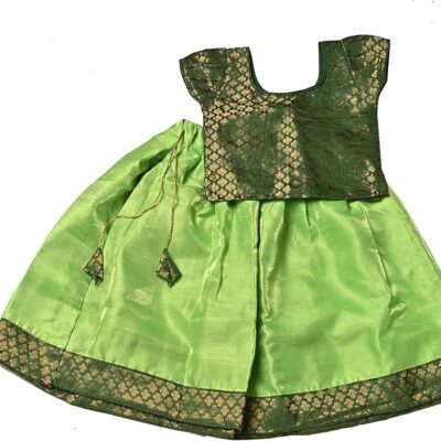 Green Chanderi & Dupion Fabric Short Sleeve Weeding Wear Pattu Pavadai Lehenga Choli for Kids (Color-Green)