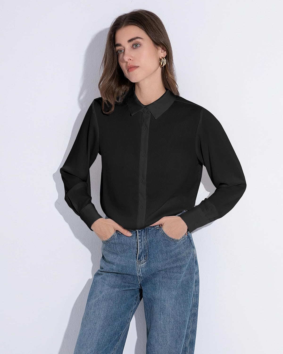 Women's Button Down Shirt Textured Chiffon Blouse Classic Collared Top Casual Work Office Blouse - Image 5