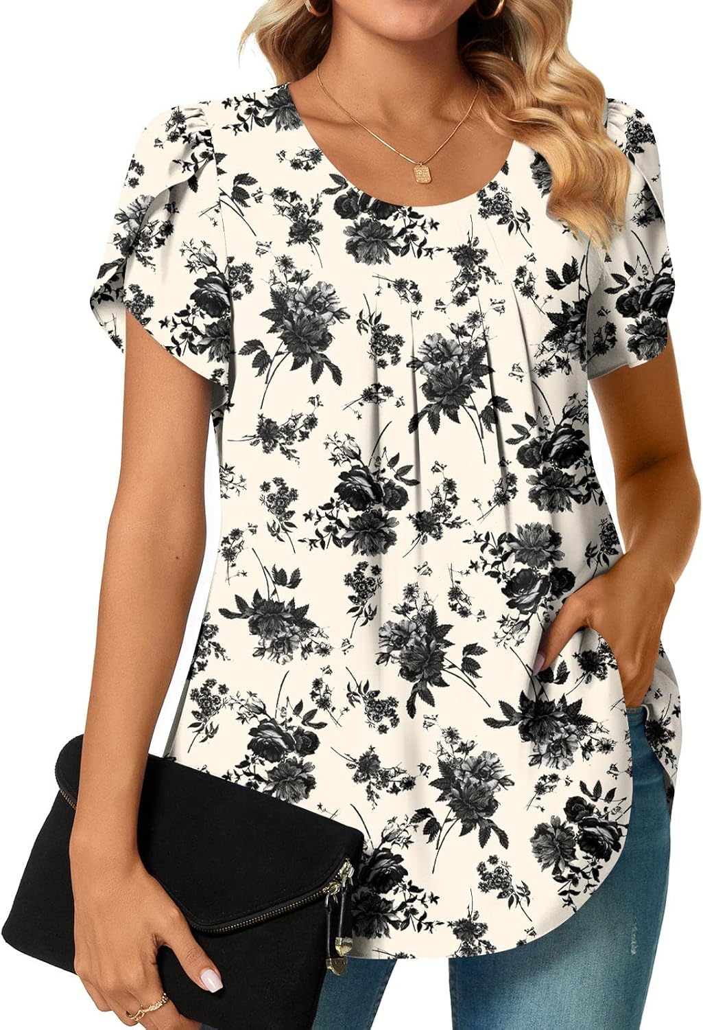 Bestbee Womens Plus Size Tops Dressy Casual Summer Chiffon Blouses Crew Neck Short Sleeve Shirts Business Pleated Tunics - Image 2