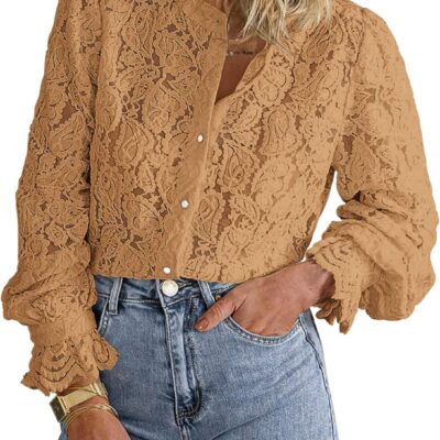 PRETTYGARDEN Women's Dressy Casual Lace Blouse Long Sleeve Button Up Shirts Tops Fall Fashion Clothes