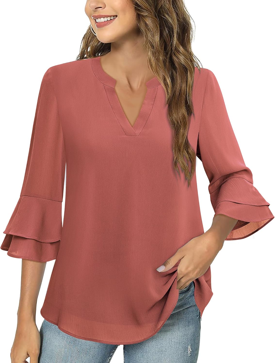 Lotusmile Womens Tops Dressy Casual 3/4 Tiered Bell Sleeve Blouses Double Layered Chiffon Work Tunic Shirts - Image 2