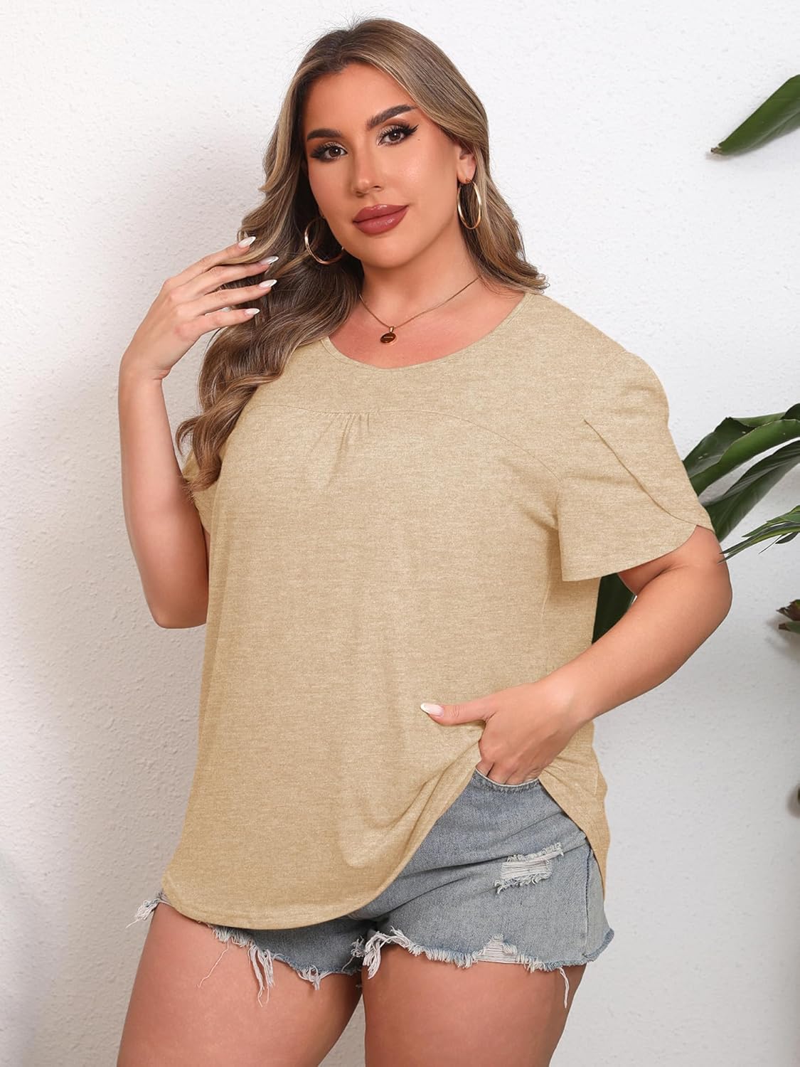 HDLTE Plus Size Womens Tops Petal Short Sleeve Summer Casual Crew Neck Pleated Shirts Tunics Blouse - Image 2