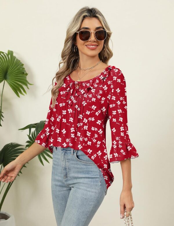 AKEWEI Womens 3/4 Length Sleeve Scoop Neck Tops Summer Tie Front Ruffle Shirts Casual Bell Sleeve Pleated Blouses Outfits - Image 4