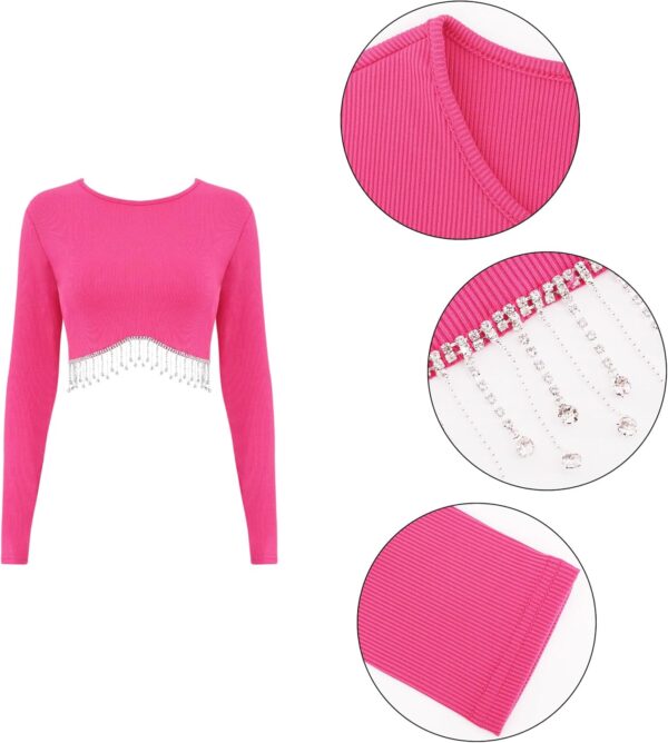 Womens Crewneck Long Sleeveed T-Shirts Sparkly Rhinestone Fringed Crop Tops Slim Tunic Blouse Casual Streetwear - Image 3