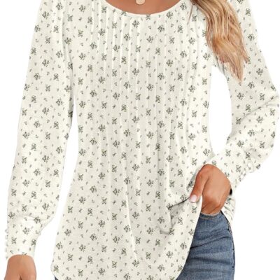 Ficerd Women's Puff Long Sleeve Tunic Tops Pleated Crew Neck Blouses Dressy Casual Loose Fit Winter and Spring Shirts