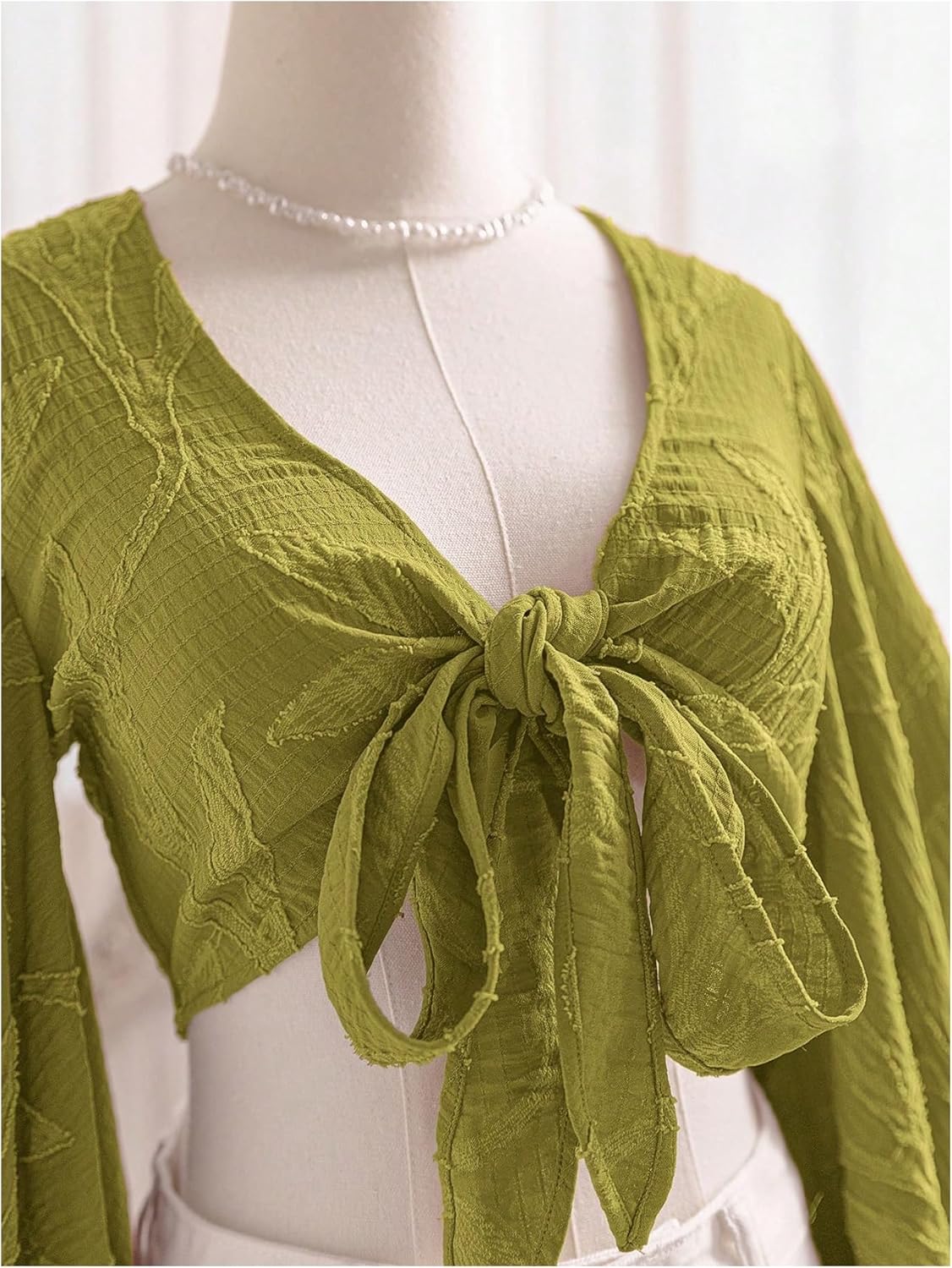 Women's Floral 70s Top Hippie Shirt Bow Tie Front Disco Deep V Ruffle Blouse Long Bell Sleeve Boho Crop Tops - Image 4