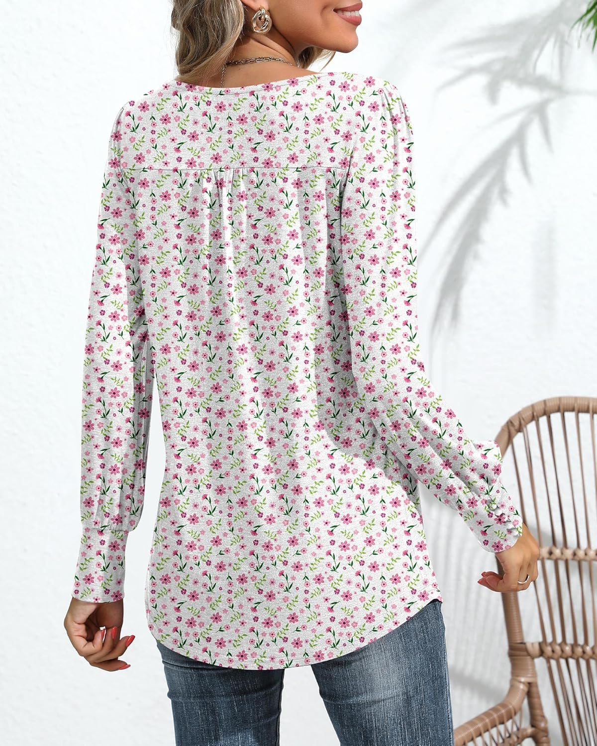 Ficerd Women's Puff Long Sleeve Tunic Tops Pleated Crew Neck Blouses Dressy Casual Loose Fit Winter and Spring Shirts - Image 2