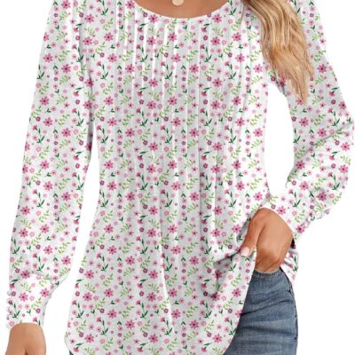 Ficerd Women's Puff Long Sleeve Tunic Tops Pleated Crew Neck Blouses Dressy Casual Loose Fit Winter and Spring Shirts