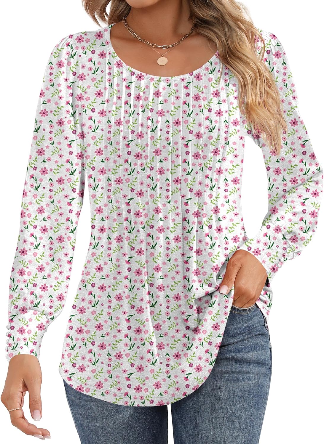 Ficerd Women's Puff Long Sleeve Tunic Tops Pleated Crew Neck Blouses Dressy Casual Loose Fit Winter and Spring Shirts