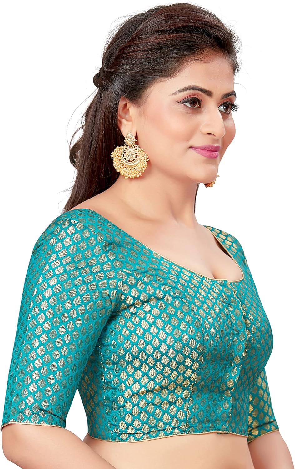 Traditional Banaras Brocade Readymade Saree Blouse with Elbow Length Sleeves - Image 3