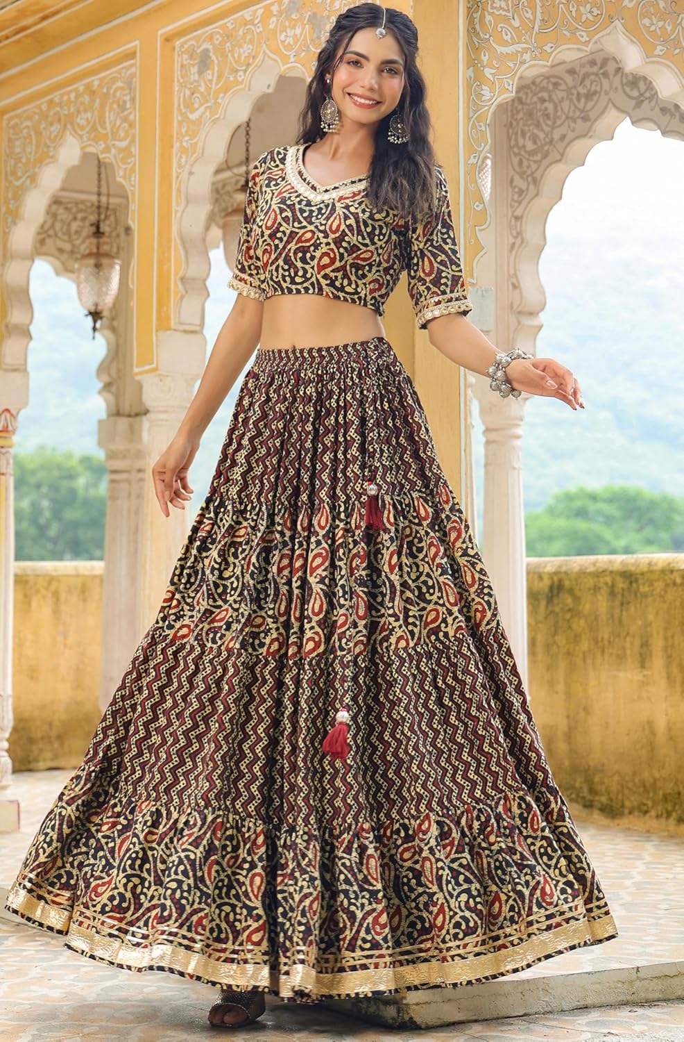 Janasya Indian Women's Black Pure Cotton Printed Flared Festive Wedding Lehenga Choli with Ready to wear Stitched Blouse - Image 7