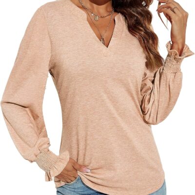 Romanstii Women's Casual V-Neck T-Shirts Loose Puff Long Sleeve Tops Tunic Blouses