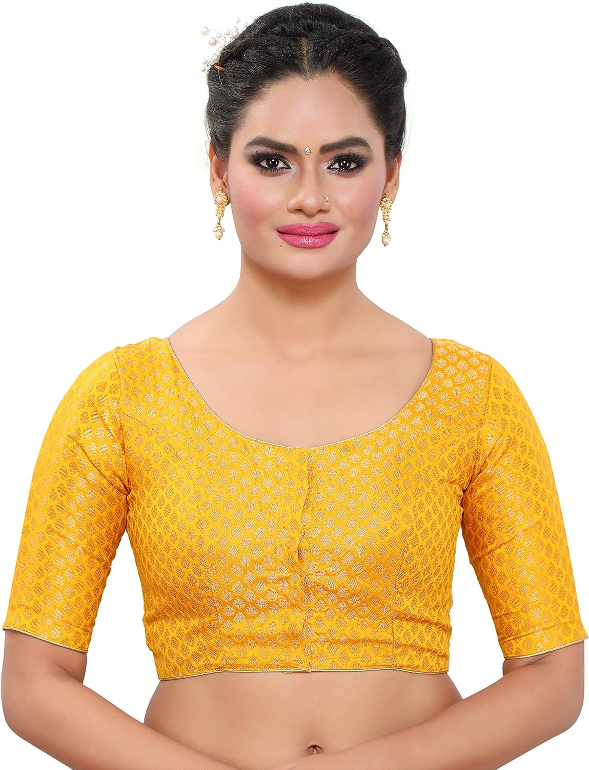 Traditional Banaras Brocade Readymade Saree Blouse with Elbow Length Sleeves