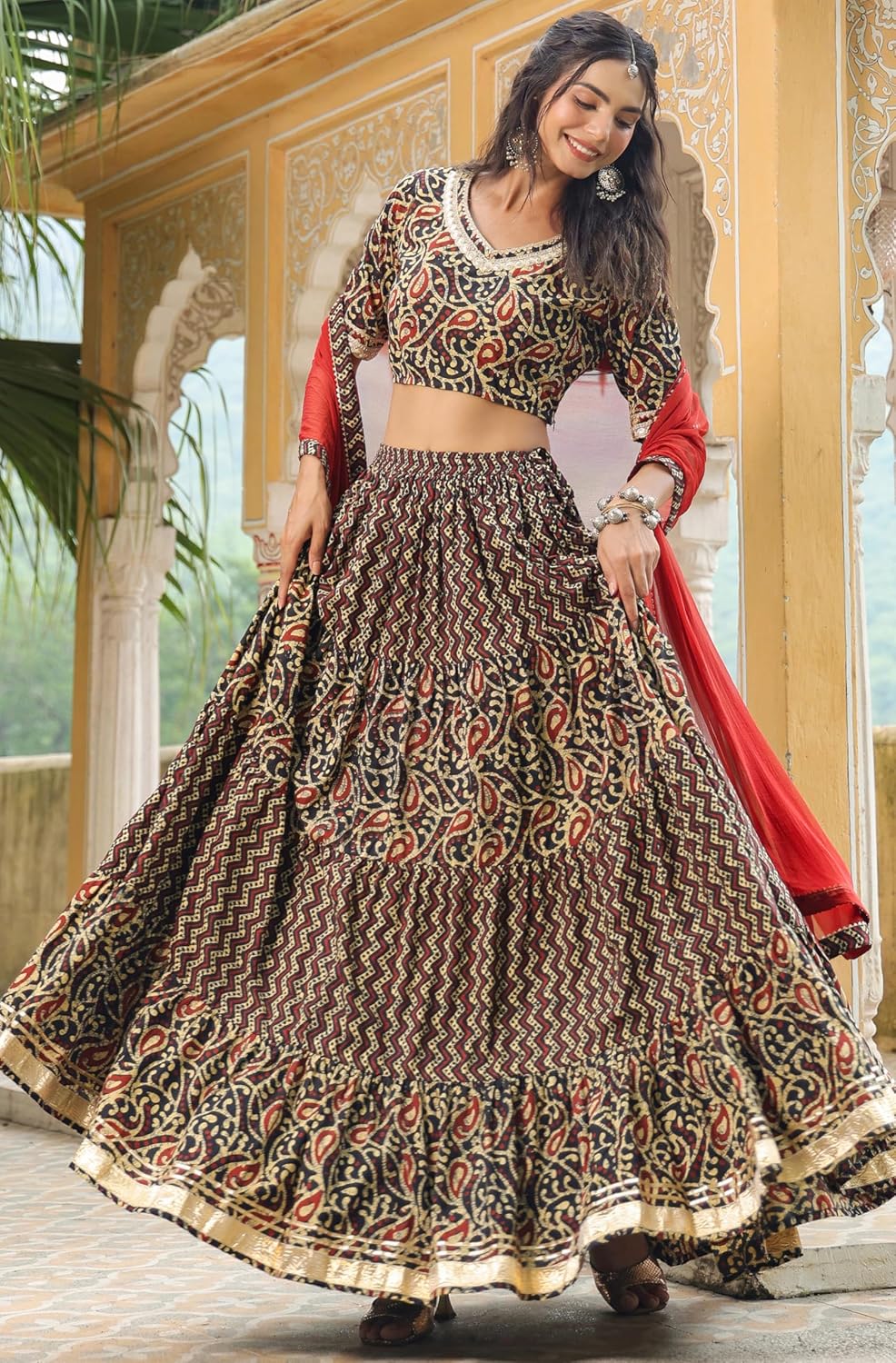 Janasya Indian Women's Black Pure Cotton Printed Flared Festive Wedding Lehenga Choli with Ready to wear Stitched Blouse - Image 5