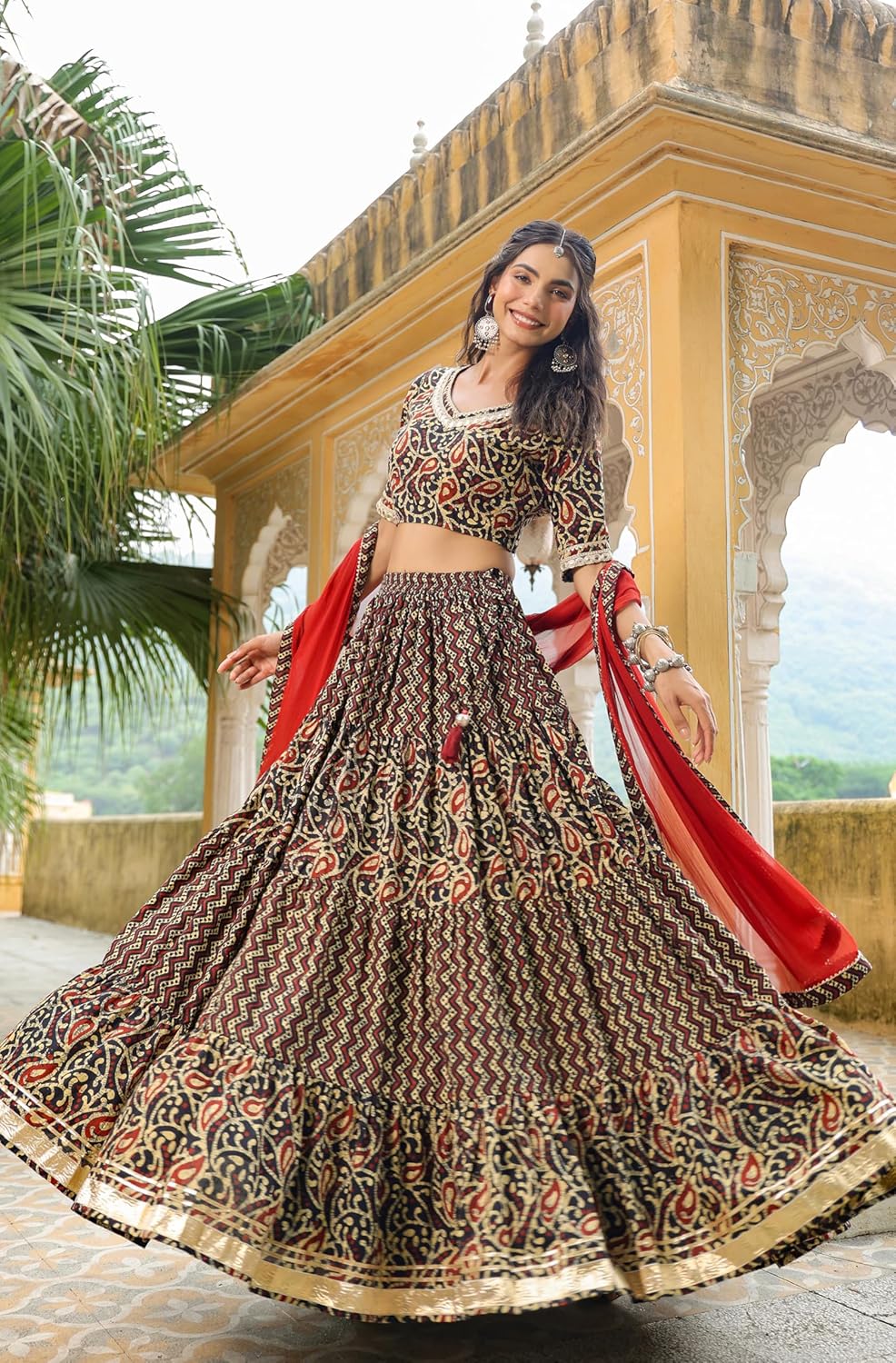 Janasya Indian Women's Black Pure Cotton Printed Flared Festive Wedding Lehenga Choli with Ready to wear Stitched Blouse - Image 4