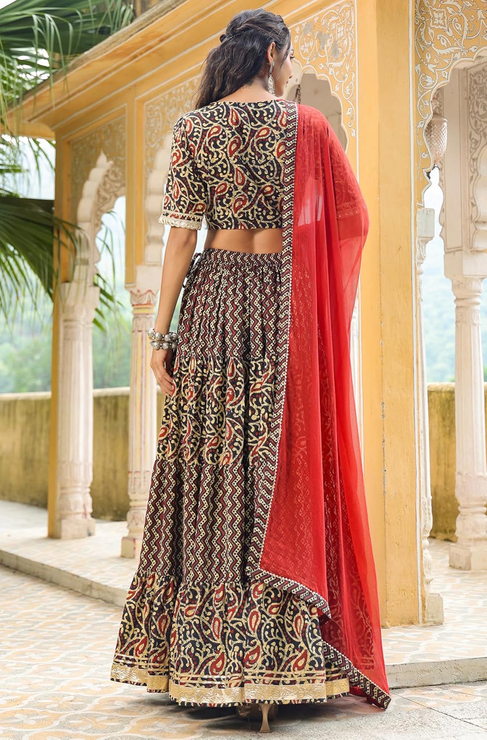 Janasya Indian Women's Black Pure Cotton Printed Flared Festive Wedding Lehenga Choli with Ready to wear Stitched Blouse - Image 8