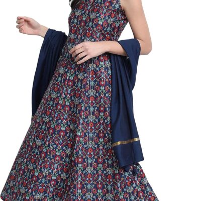 Janasya Indian Women's Navy Blue Anarkali Kurta Kurti Top Tunic Festive Party wear Kurta with Palazzo and Dupatta for Women