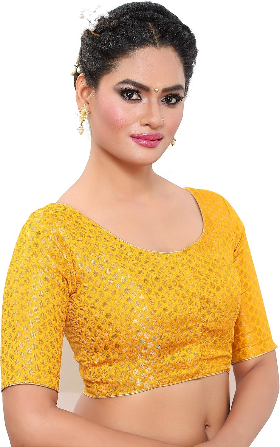 Traditional Banaras Brocade Readymade Saree Blouse with Elbow Length Sleeves - Image 3