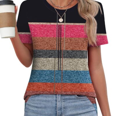 TCOT Women's Tops Short Sleeve Crew Neck Summer T Shirts Dressy Casual Blouses for Women S-3XL