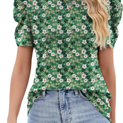 Ivicoer Puff Short Sleeve Shirt for Women Eyelet Tops Summer Crewneck Blouse Loose Fit S-XXL