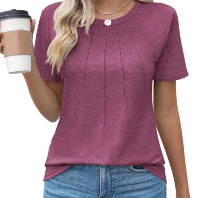 Kistore Womens Casual Crew Neck Short Sleeve Pleated Tops Blouses Fashion Clothes 2025